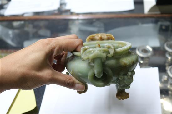 A Chinese jade tripod censer and cover